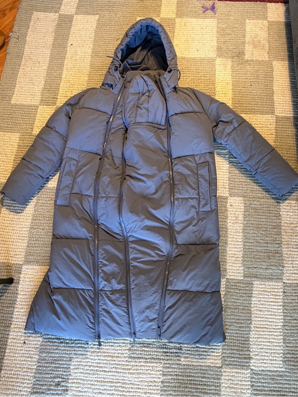 Long Maternity Parka Hooded Coat in Slate Blue with removable panel/baby hood